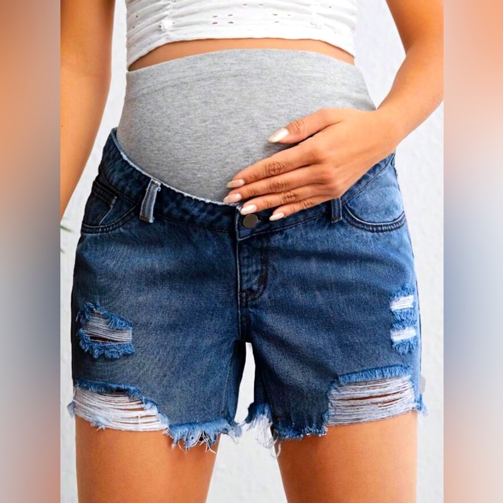 Maternity Adjustable Elastic Waist Ripped Raw Hem Denim Shorts